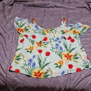 Avenue Floral Ruffle Blouse - Light Blue, Red, Yellow